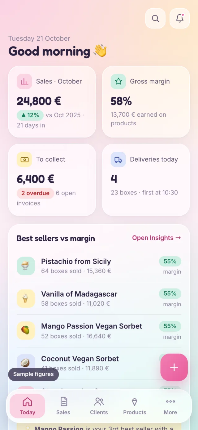 Le logiciel de gestion de Gelato Lab sur téléphone