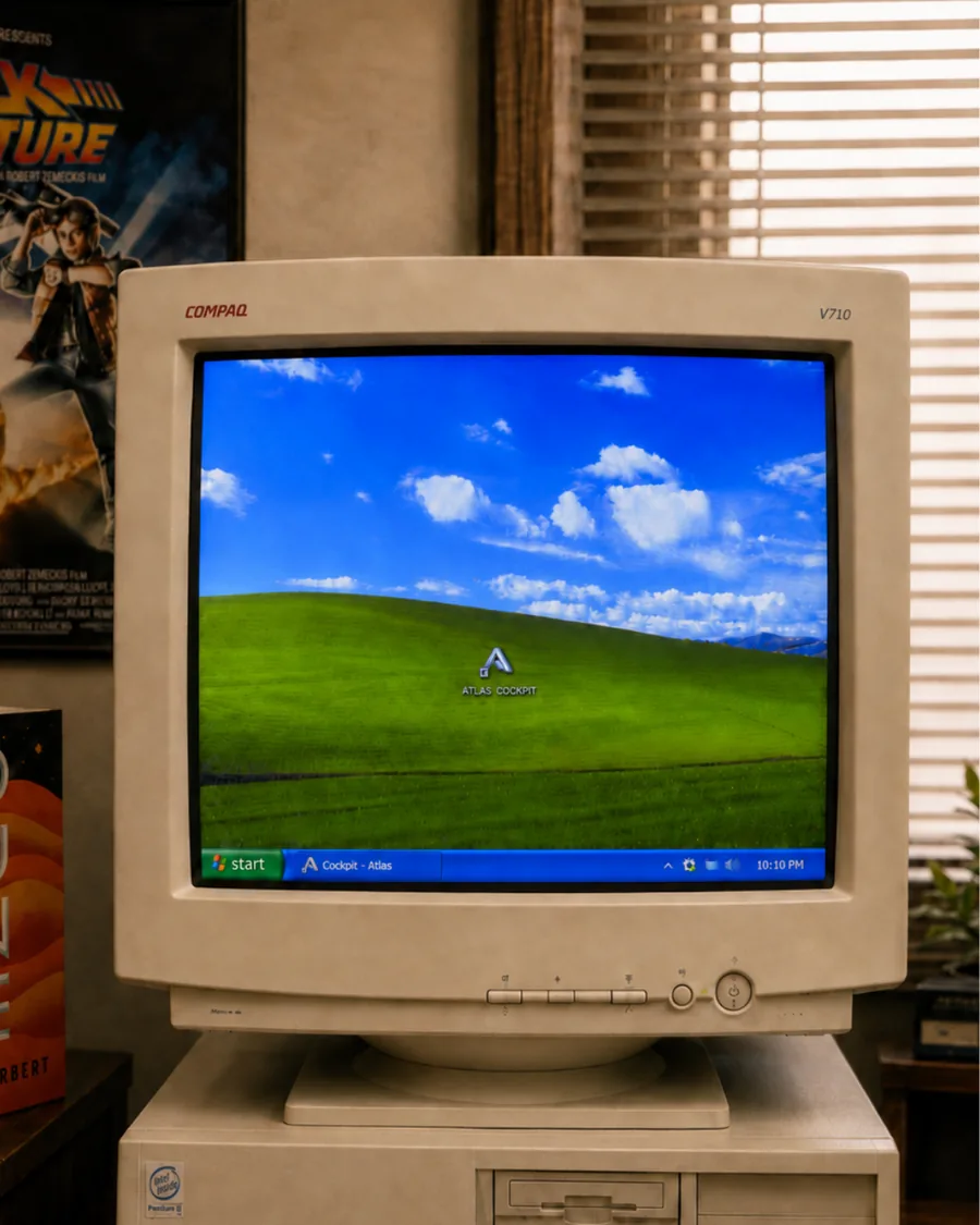 Un écran cathodique Compaq affichant le bureau Atlas Cockpit