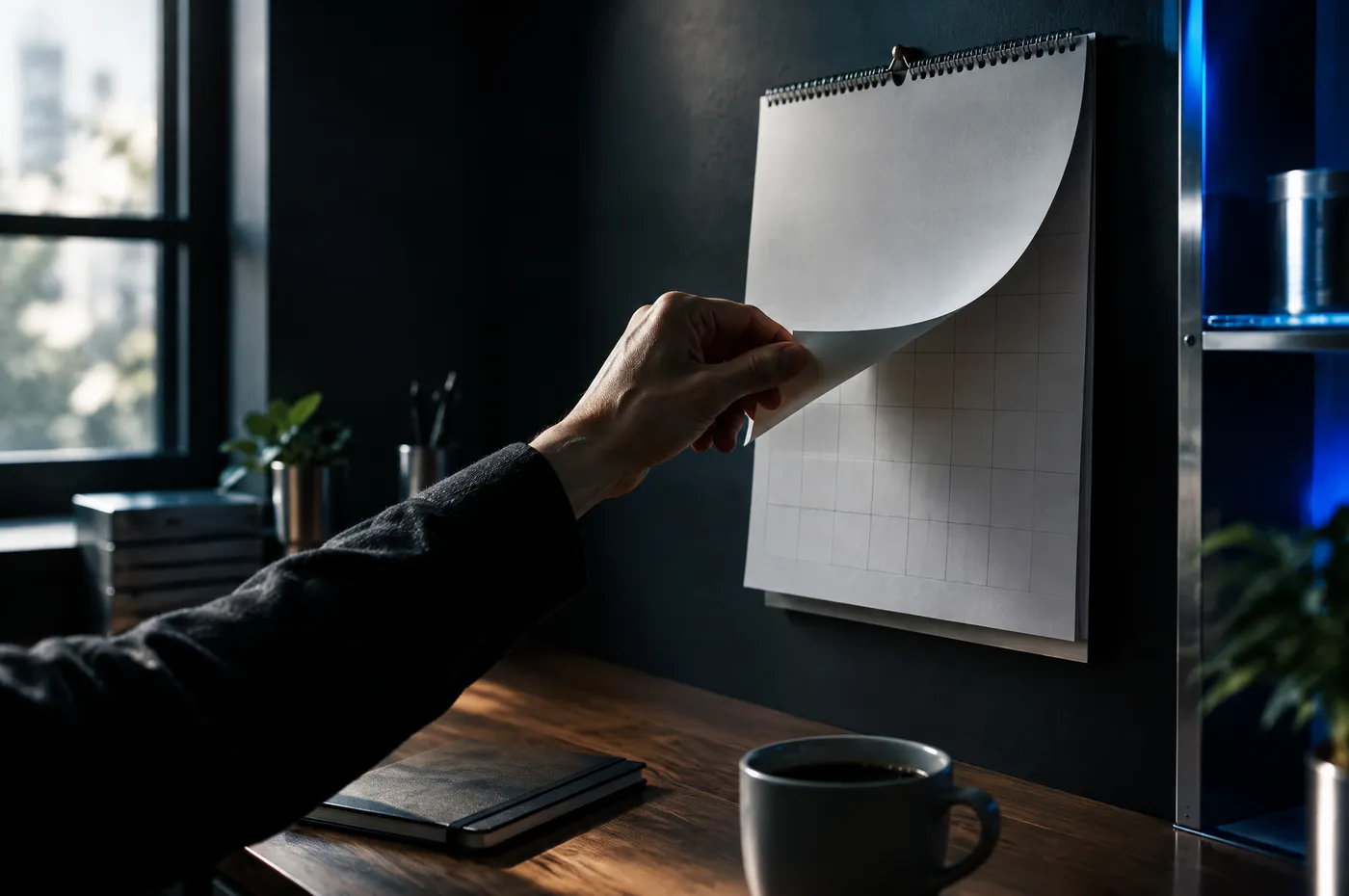 Une main tourne la page d'un calendrier mural, au-dessus d'un bureau avec un carnet et une tasse de café