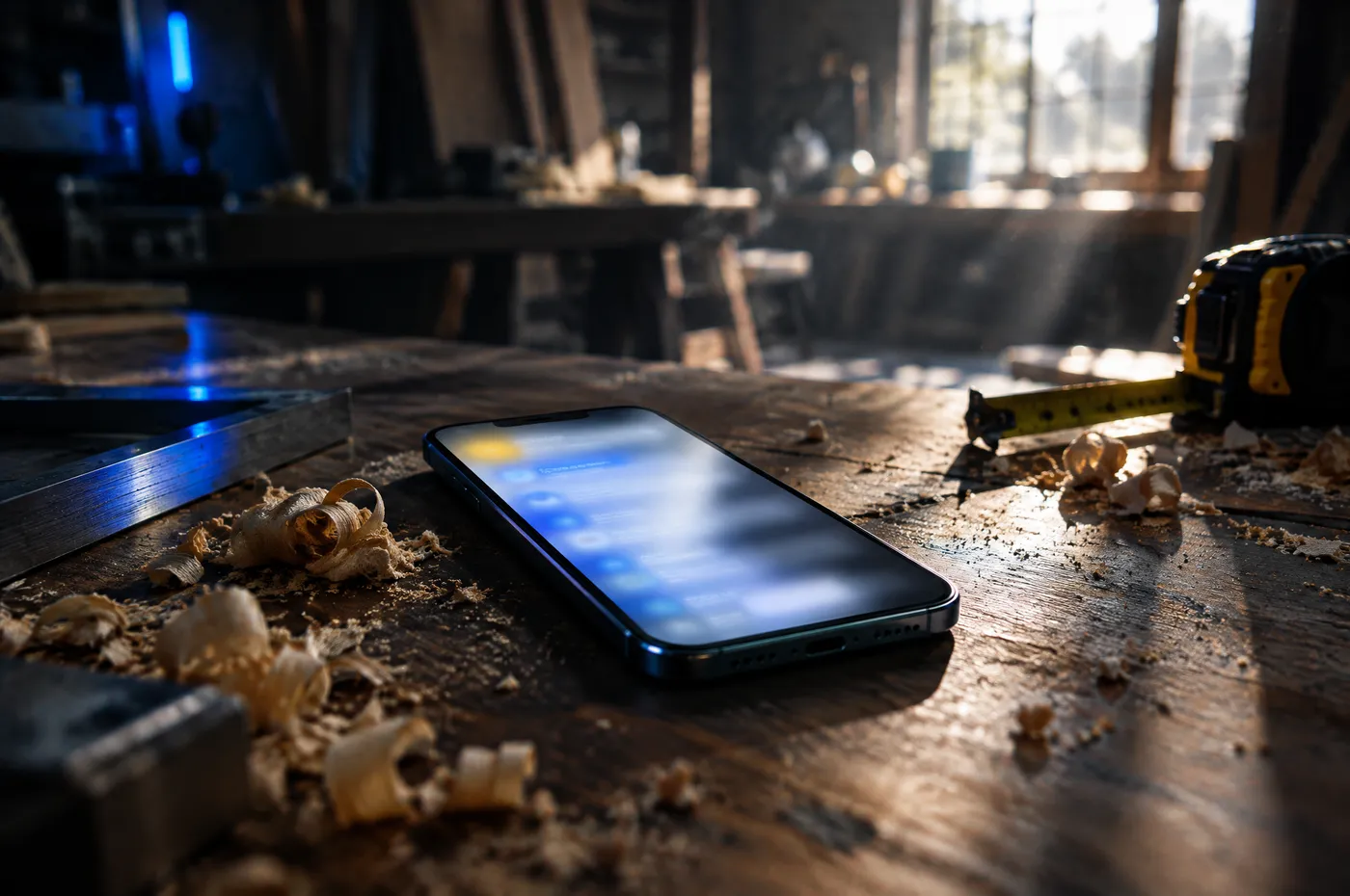Un smartphone posé sur un établi de menuisier, entre des copeaux de bois et un mètre ruban