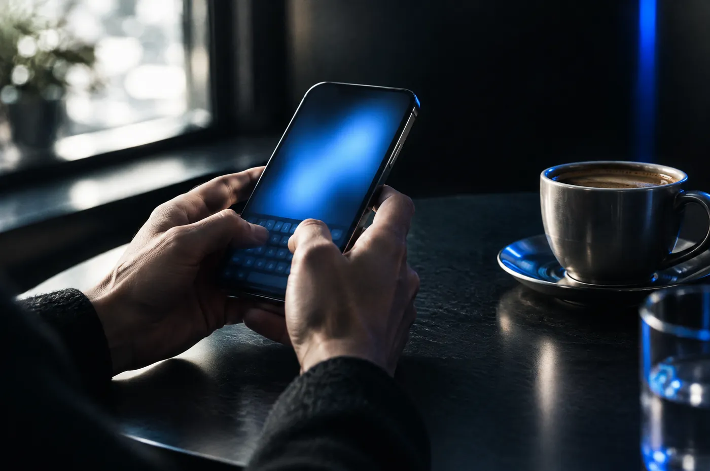 Deux mains tapent une question sur un smartphone, à une table de café