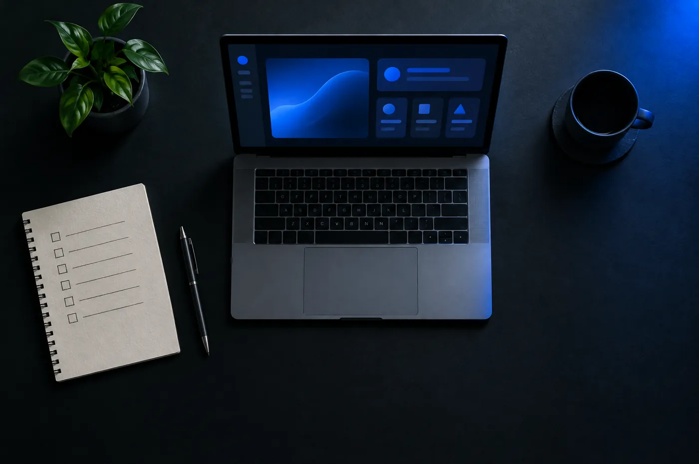 Un ordinateur portable ouvert sur un bureau sombre, à côté d'un carnet avec une liste de cases à cocher