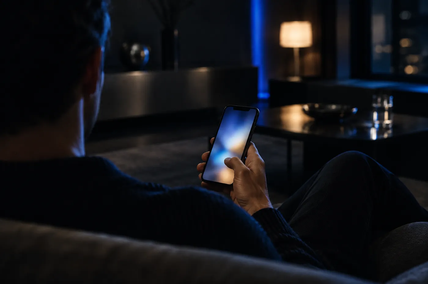Une personne vue de dos, assise sur un canapé le soir, tient un smartphone allumé dans une main