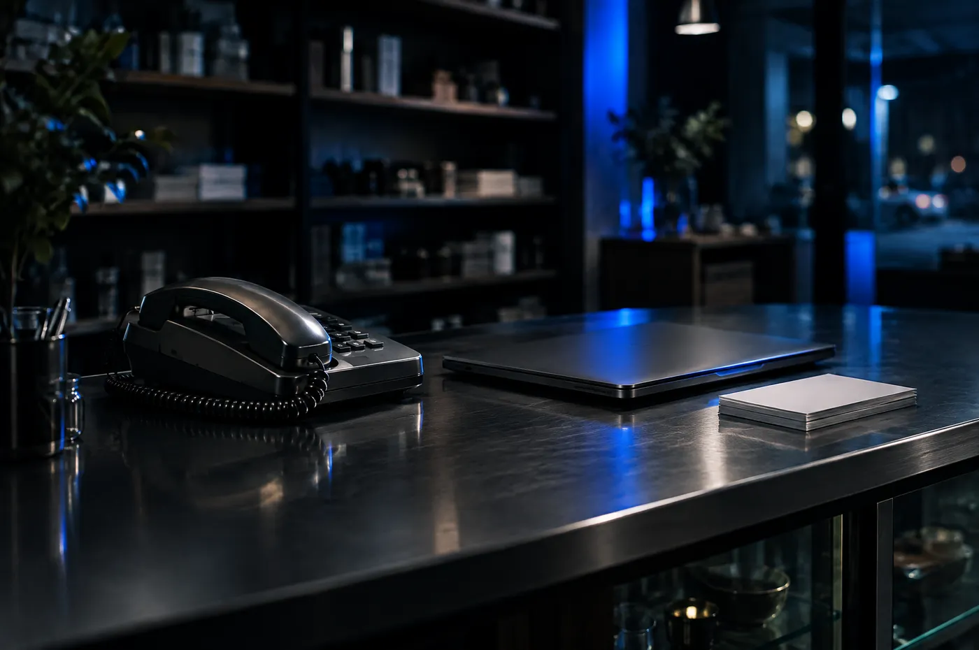 Un téléphone fixe, un ordinateur portable fermé et un bloc de papier sur le comptoir d'une boutique fermée, de nuit
