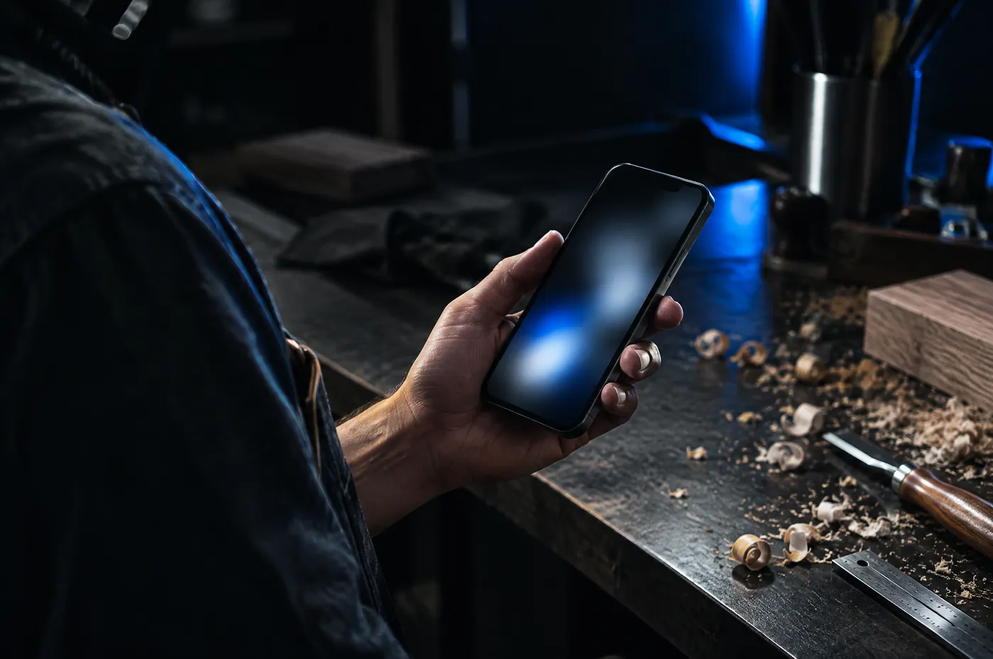 La main d'un artisan tient un smartphone au-dessus d'un établi couvert de copeaux de bois
