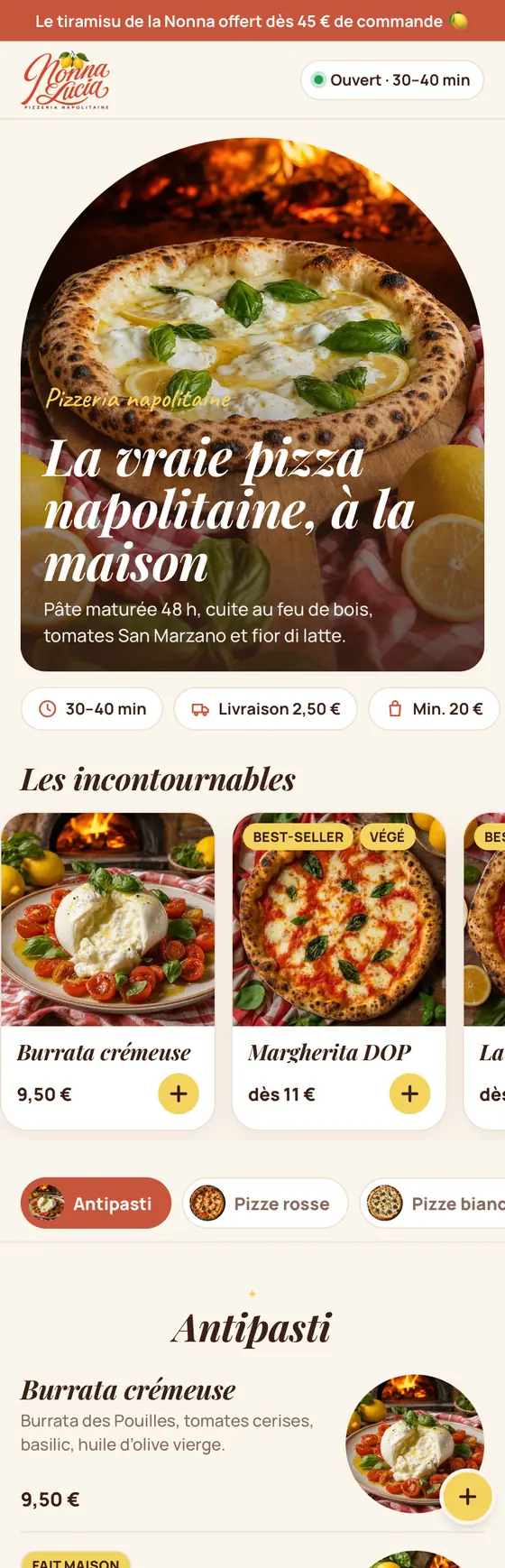 L'application de commande de Nonna Lucia, de l'accueil à la carte