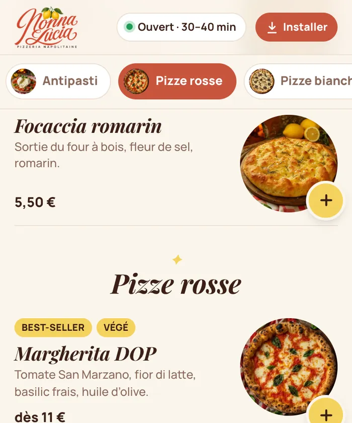 La carte des pizzas de la démo Nonna Lucia